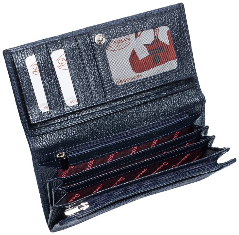 Большой женский кошелек синего цвета из натуральной кожи с тиснением цветов Desisan 106797 на кнопке modnotak фото №4