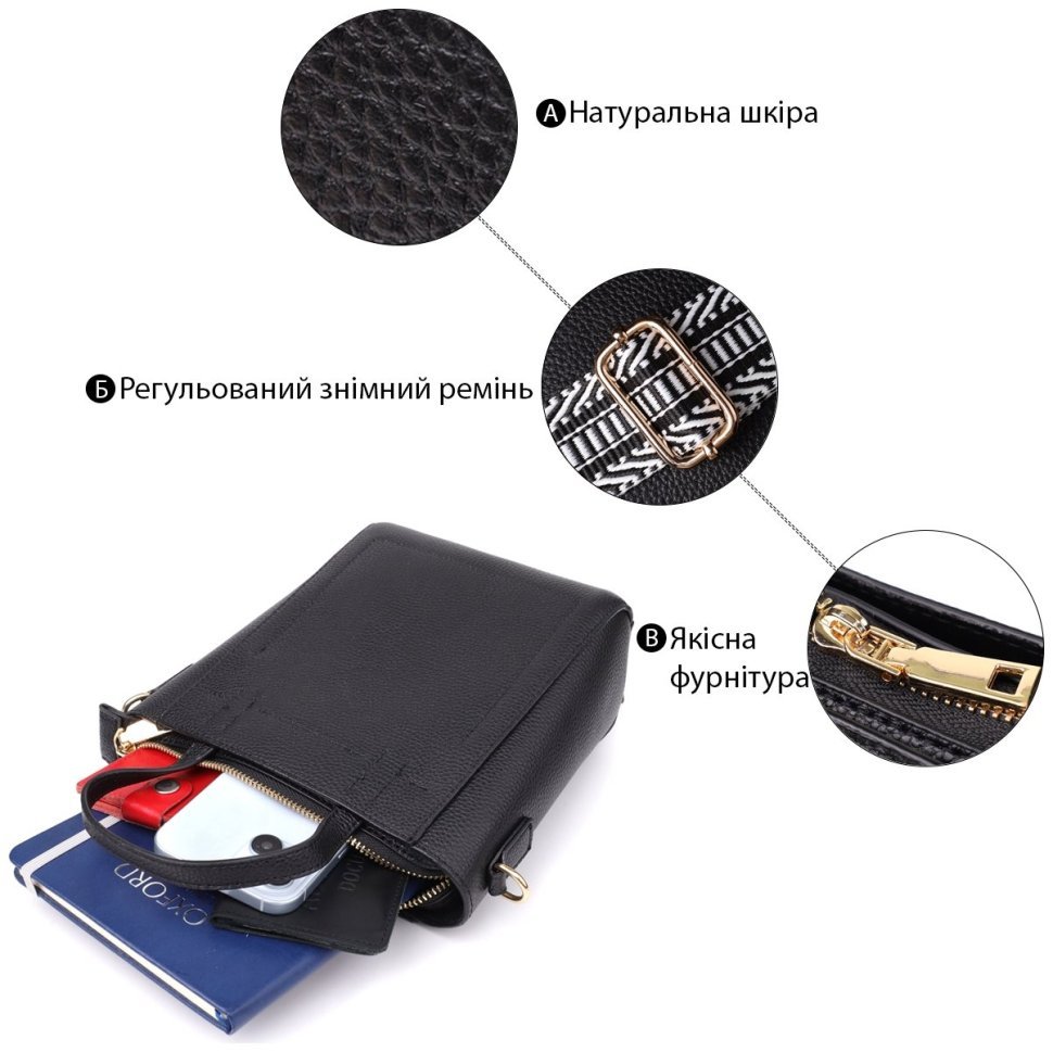 Повсякденна жіноча сумка у формі трапеції із фактурної шкіри чорного кольору Vintage 98197 фото №4 Повсякденна жіноча сумка у формі трапеції із фактурної шкіри чорного кольору Vintage 98197 modnotak фото №4