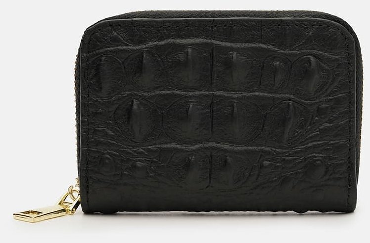 Женский кошелек-визитница из натуральной кожи с фактурой под кроко Borsa Leather 108897 черного цвета modnotak фото №2