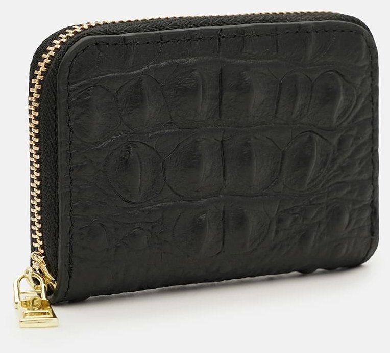 Женский кошелек-визитница из натуральной кожи с фактурой под кроко Borsa Leather 108897 черного цвета modnotak фото №3