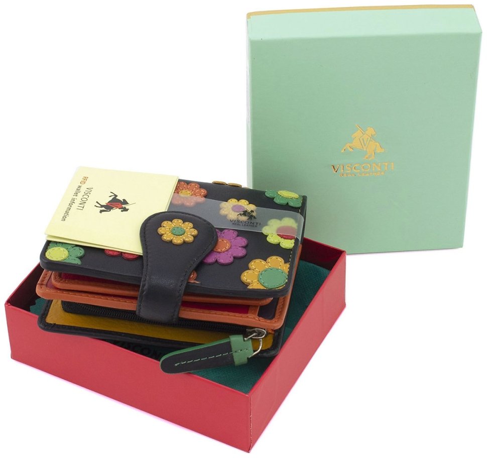 Компактний жіночий гаманець із натуральної шкіри з різнокольоровими квітами Visconti Sunshine 68897