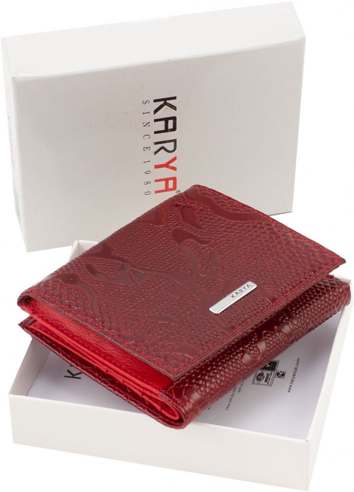 Червоний жіночий гаманець подвійного додавання з натуральної лакової шкіри під змію KARYA (19515)