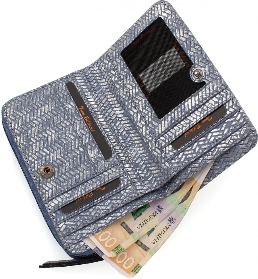 Блакитний жіночий гаманець з натуральної шкіри з візерунком Tony Bellucci (12486)