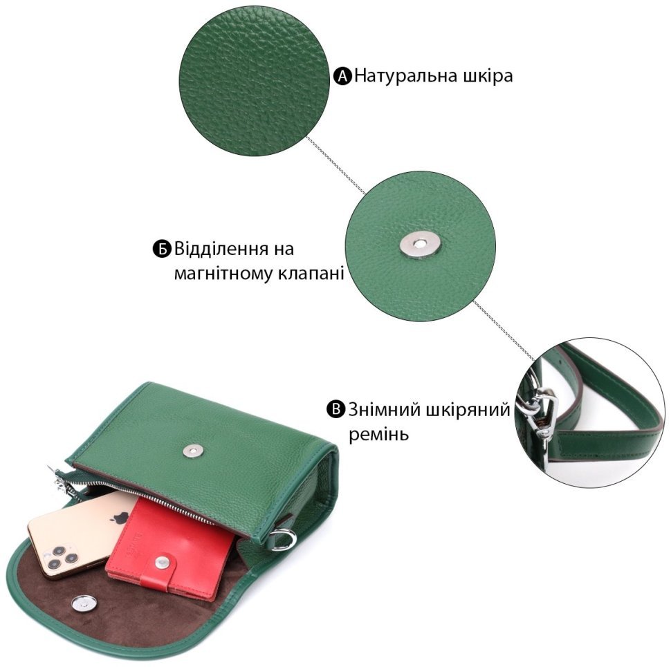 Компактна жіноча шкіряна сумка зеленого кольору з плечовим ремінцем Vintage 2422260 фото №12 Компактна жіноча шкіряна сумка зеленого кольору з плечовим ремінцем Vintage 2422260 modnotak фото №12