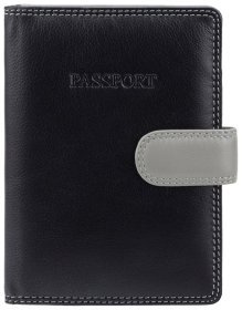 Шкіряна обкладинка для паспорта у чорно-сірому кольорі з фіксацією Visconti Sumba 70698