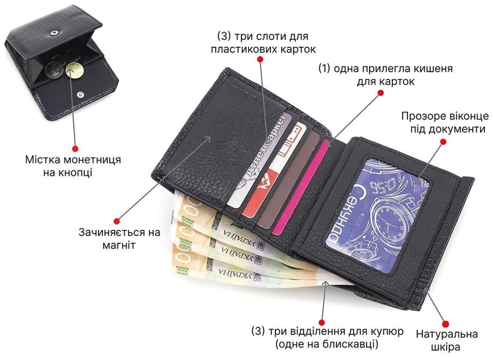 Черный женский кошелек из лаковой кожи под рептилию с монетницей ST Leather 70798 фото №4 Черный женский кошелек из лаковой кожи под рептилию с монетницей ST Leather 70798 modnotak фото №4