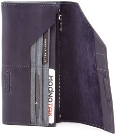 Стильний шкіряний купюрник темно-синього кольору на магніті Grande Pelle (13089)