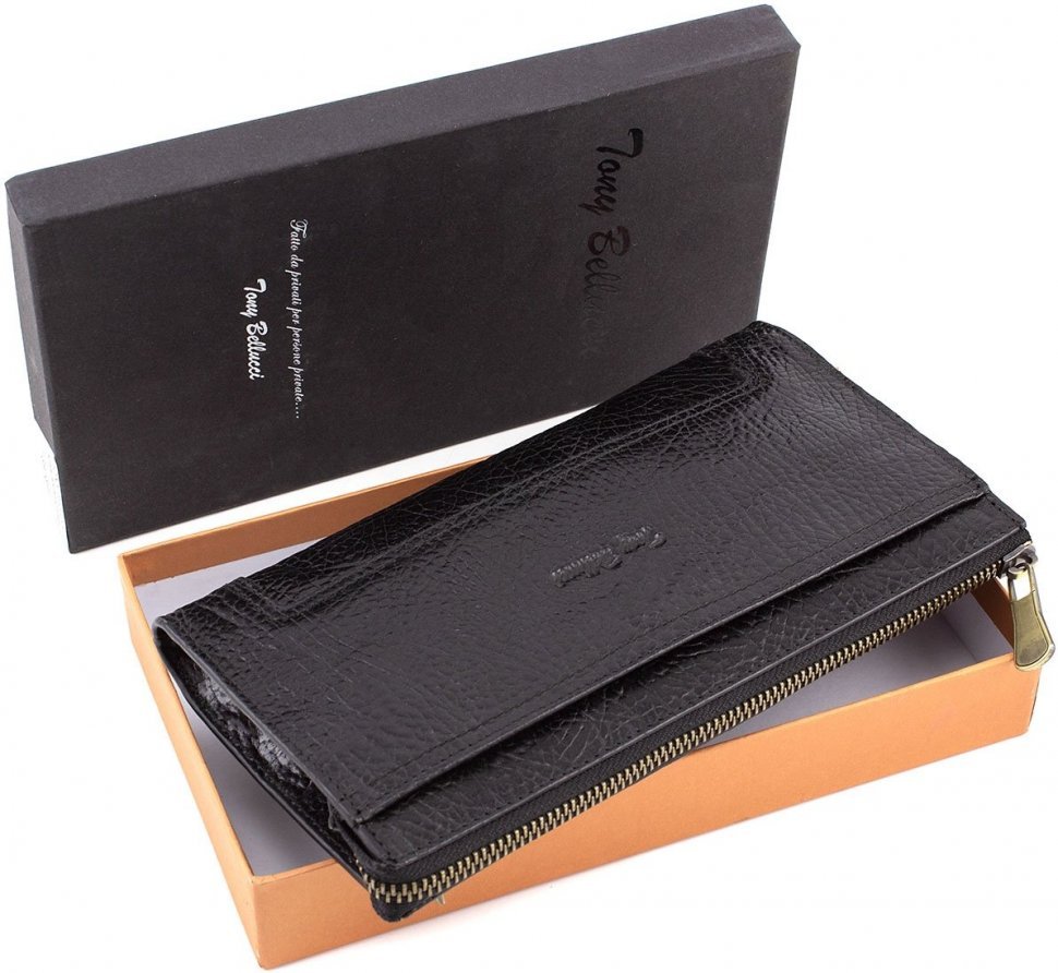 Місткий гаманець-клатч чорного кольору з натуральної шкіри Tony Bellucci (10566)