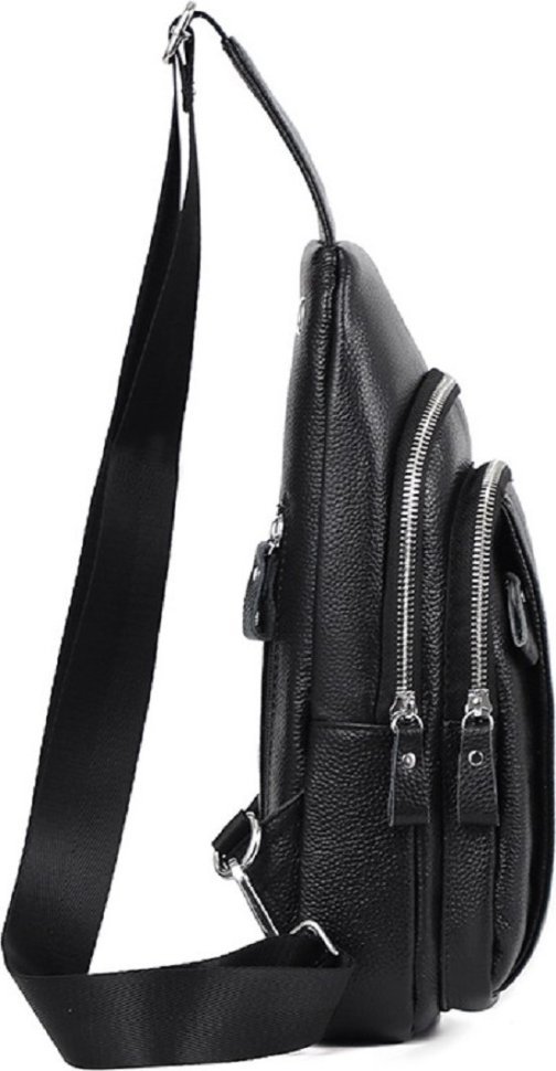 Вместительная мужская сумка-слинг на плечо из фактурной кожи черного цвета Tiding Bag (15886)