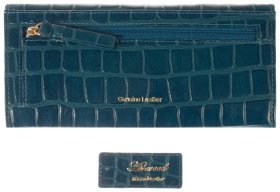Жіночий гаманець із натуральної шкіри з тисненням під рептилію на кнопці Ashwood C05 94198 синього кольору