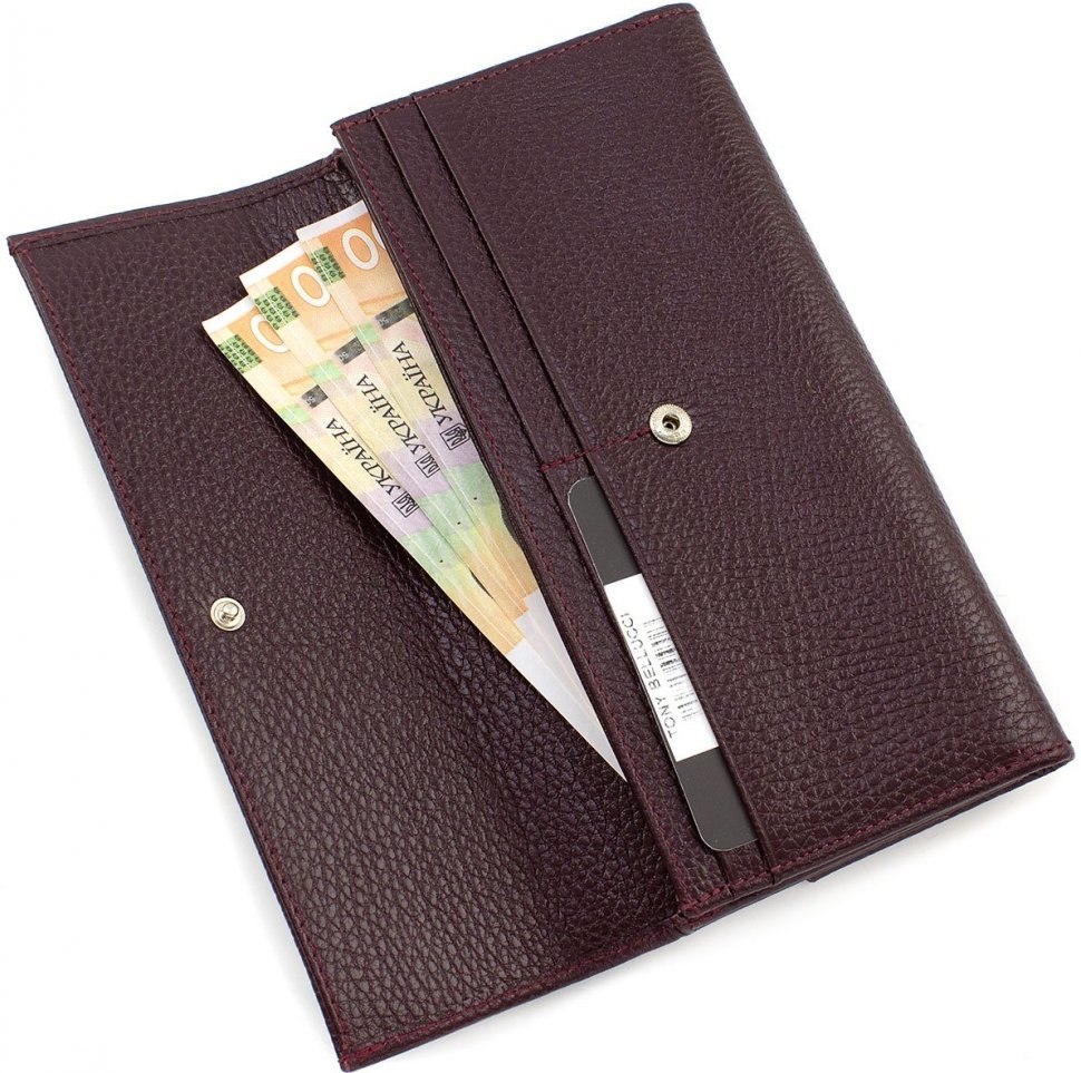Просторий шкіряний гаманець марсалового кольору з двома відділеннями на кнопках Tony Bellucci (10820)