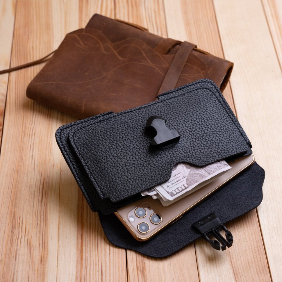 Горизонтальная мужская черная сумка из эко-кожи на брючный ремень Vintage (20349)
