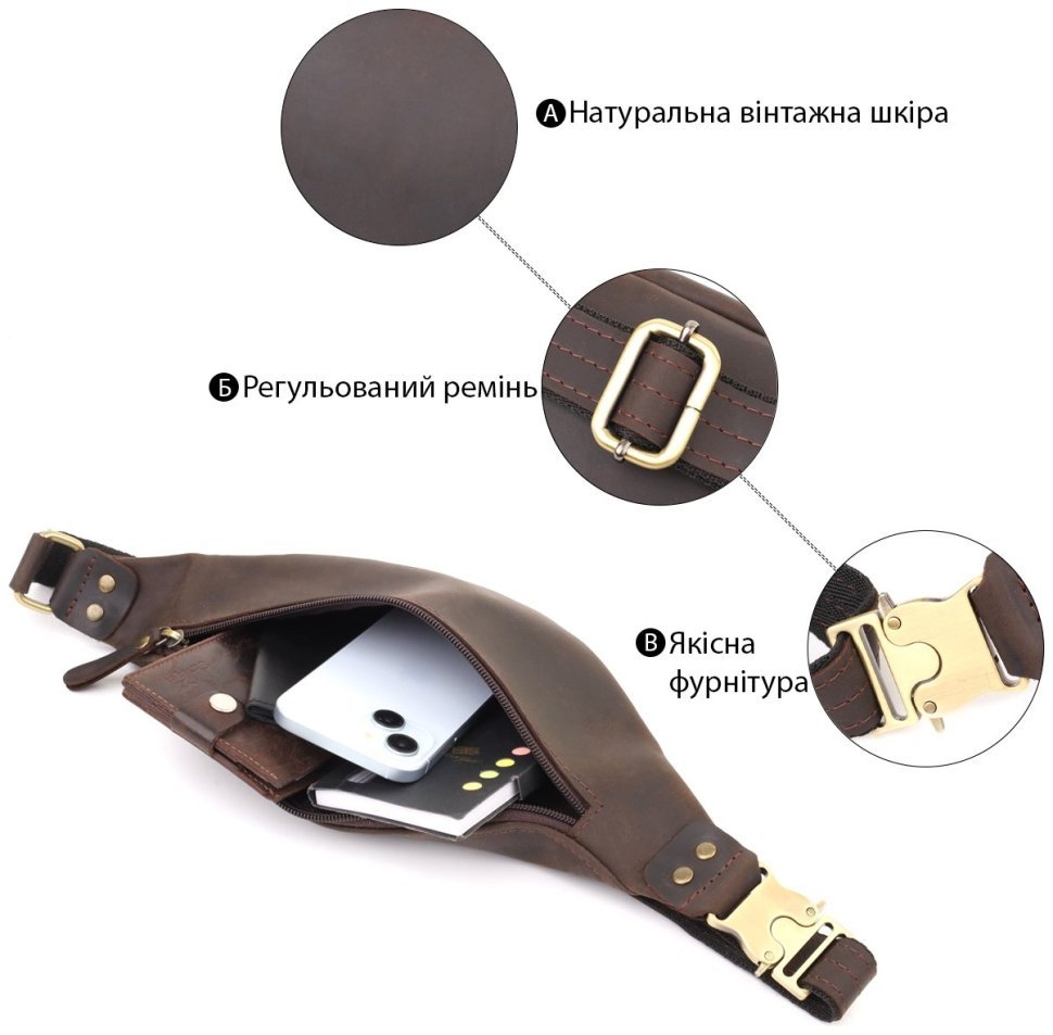 Стильная коричневая мужская сумка на пояс из винтажной кожи Shvigel 95098 фото №4 Стильная коричневая мужская сумка на пояс из винтажной кожи Shvigel 95098 modnotak фото №4