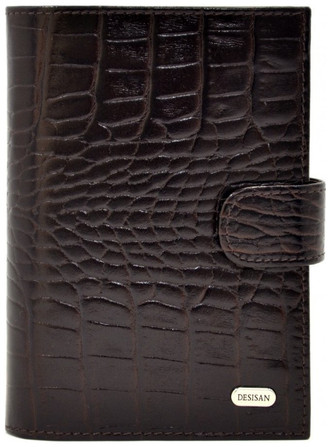 Мужской кожаный кошелек под фактуру кроко на кнопке с вкладышем для документов Desisan 106598 коричневого цвета modnotak фото №1