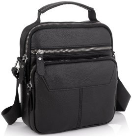 Небольшая кожаная мужская сумка-барсетка черного цвета с ручкой Tiding Bag 77498