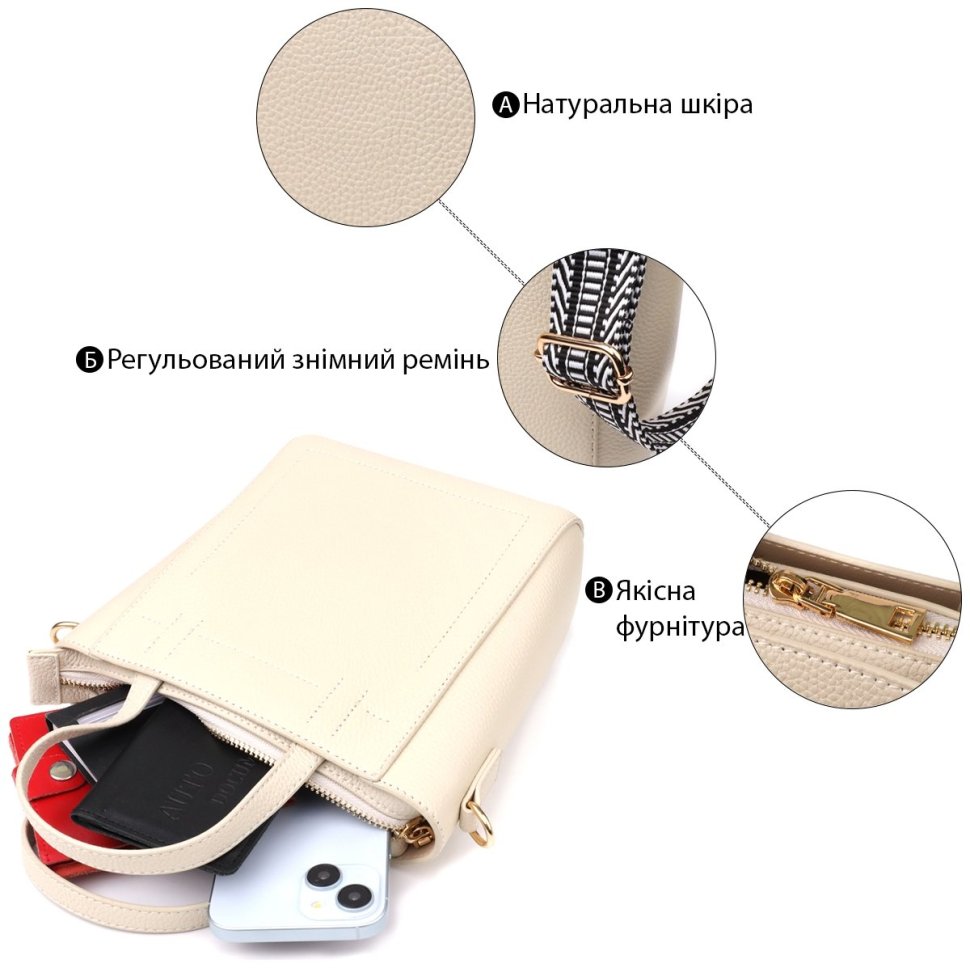 Ділова жіноча сумка у формі трапеції із фактурної шкіри білого кольору Vintage 98198 modnotak фото №4