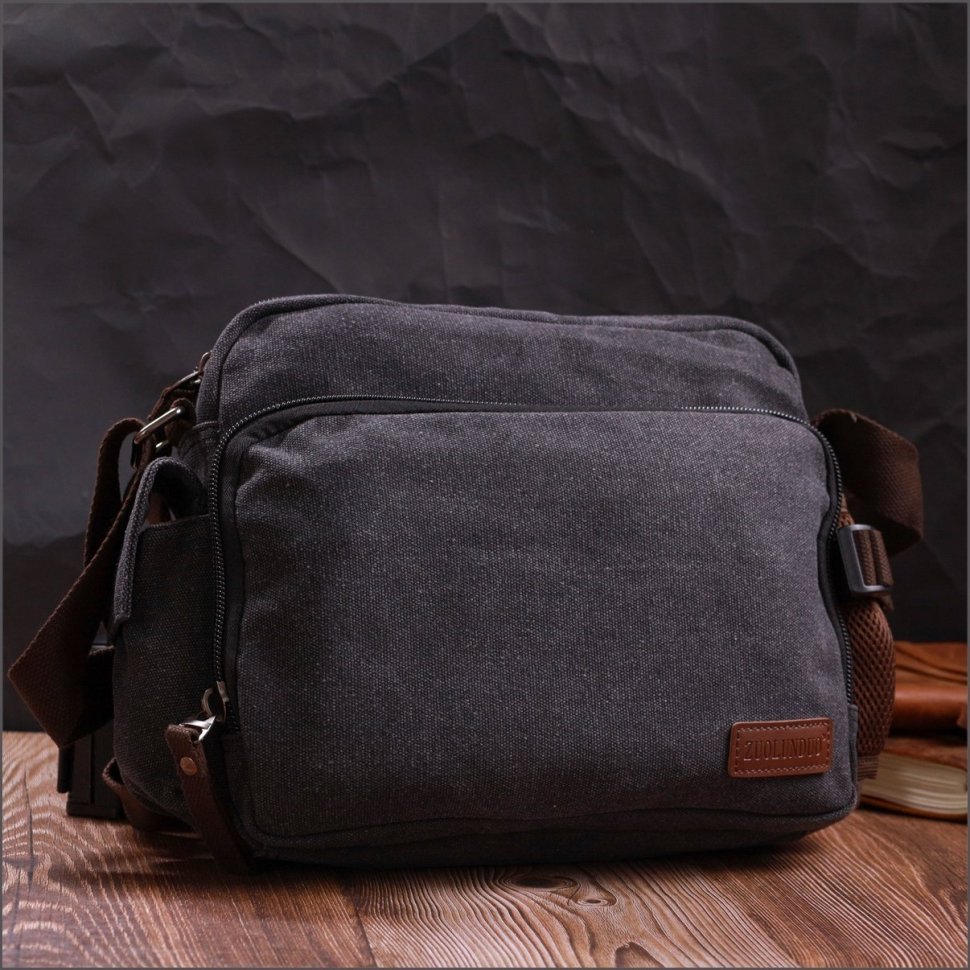 Мужская сумка-мессенджер из плотного текстиля в черном цвете Vintage 2422204