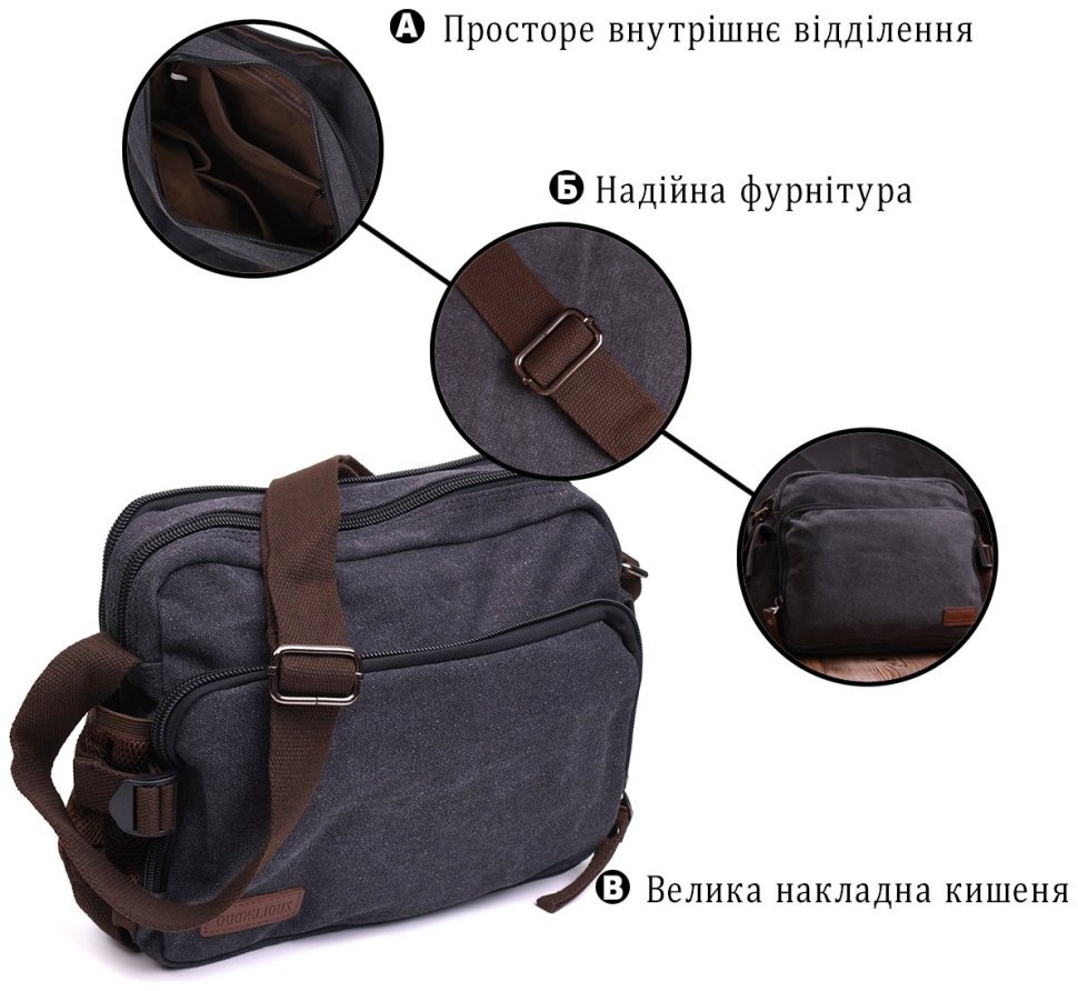 Чоловіча сумка-месенджер із щільного текстилю в чорному кольорі Vintage 2422204 modnotak фото №11