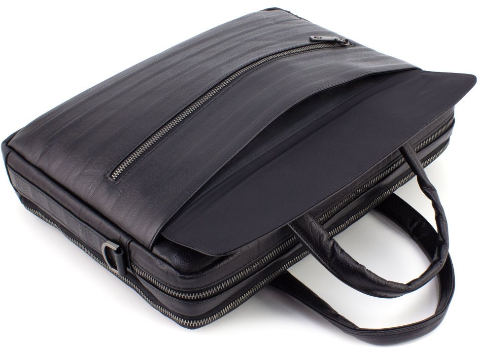 Чоловіча шкіряна сумка чорного кольору під ноутбук та документи з ручками H.T. Leather 68598