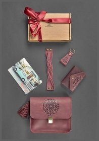 Жіночий подарунковий набір (сумка, кард-кейс, браслет, брелок) із вінтажної шкіри бордового кольору BlankNote 78698