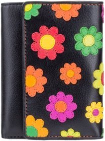 Стильный женский кожаный кошелек черного цвета с разноцветными цветами Visconti Paris 68898