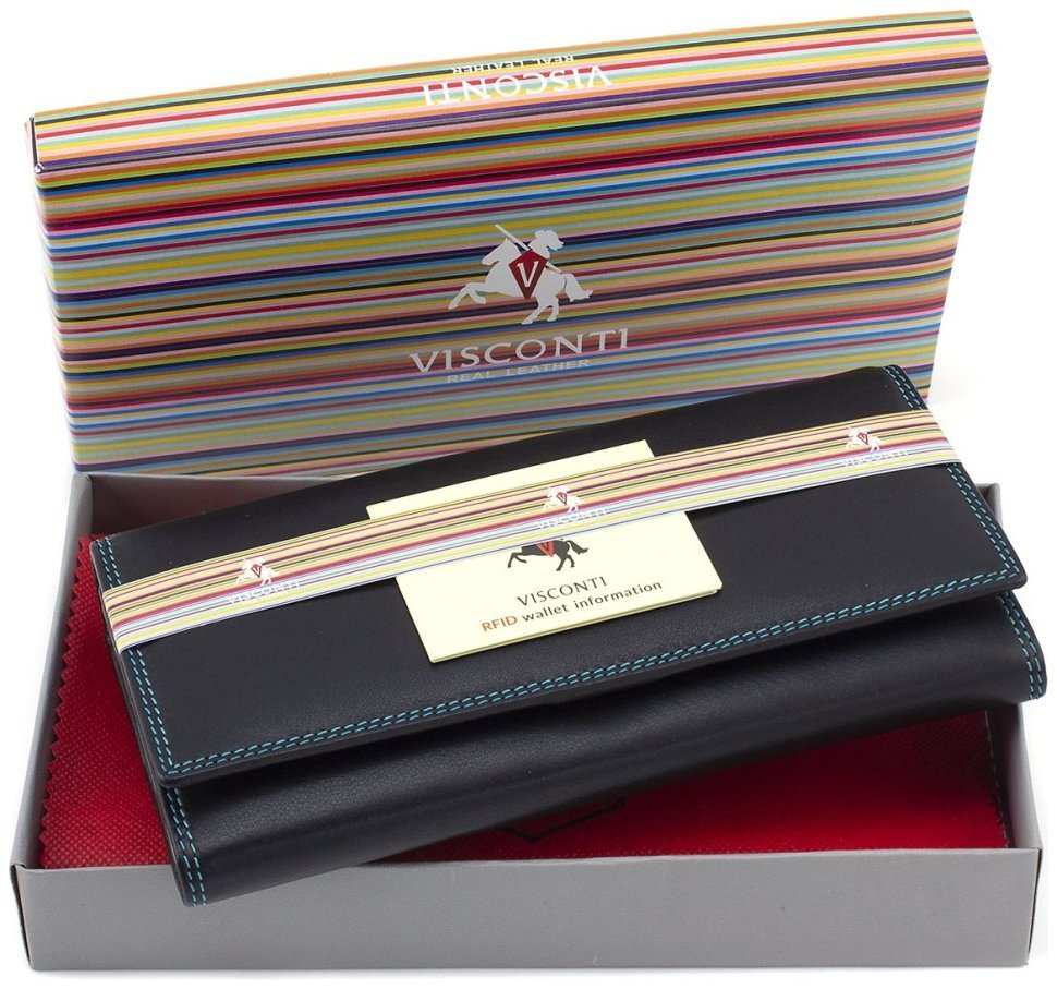 Чорний жіночий гаманець з натуральної шкіри з бірюзовою строчкою Visconti 69098