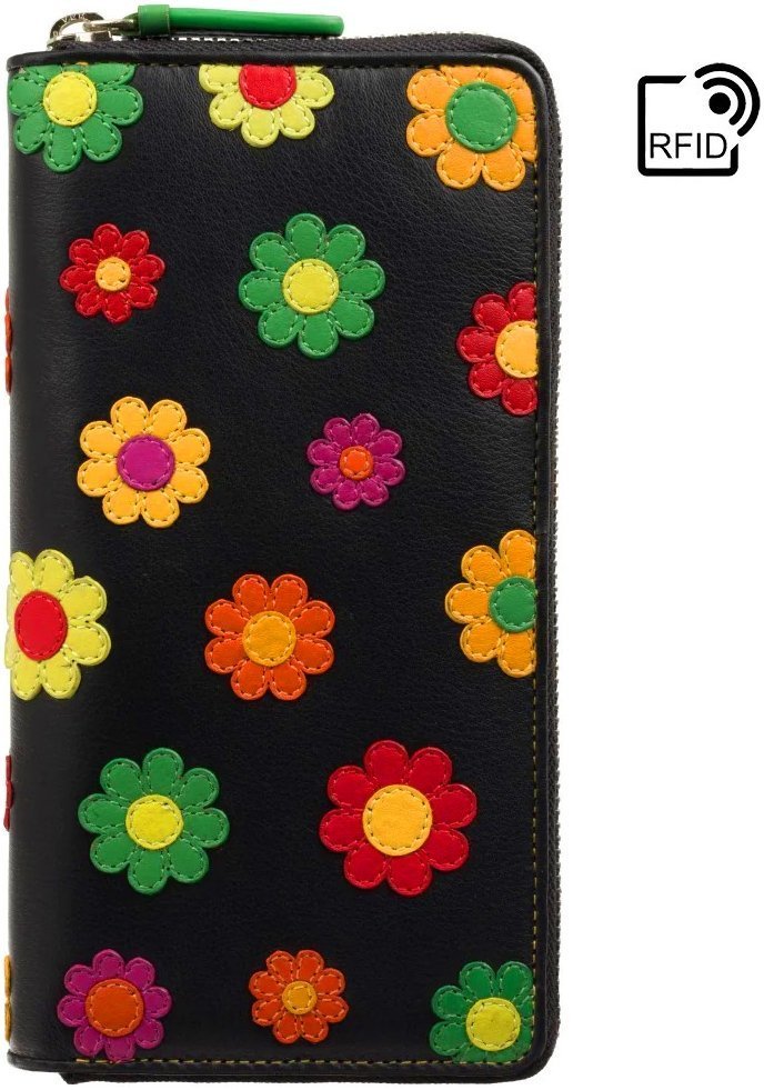 Большой женский кошелек из натуральной кожи с вышитыми разноцветными цветами Visconti Rhode 69298