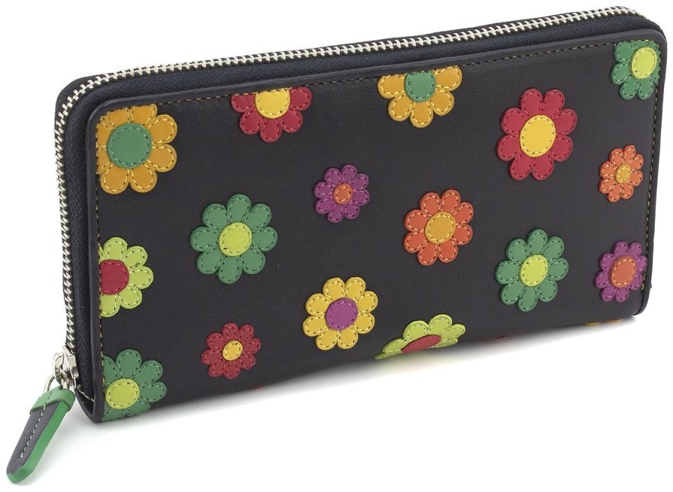 Великий жіночий гаманець з натуральної шкіри з вишитими кольоровими квітами Visconti Rhode 69298