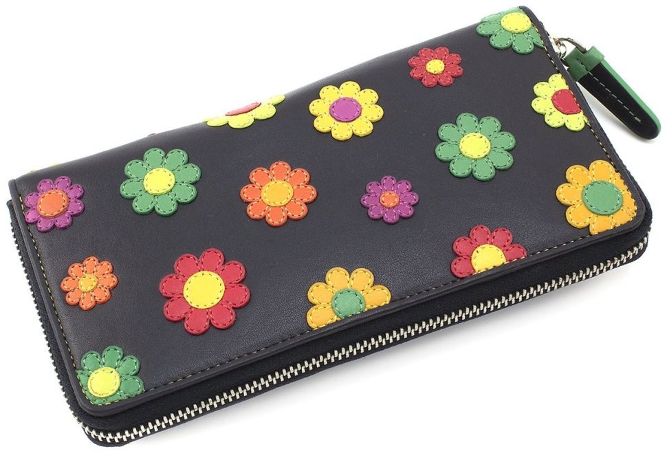 Великий жіночий гаманець з натуральної шкіри з вишитими кольоровими квітами Visconti Rhode 69298