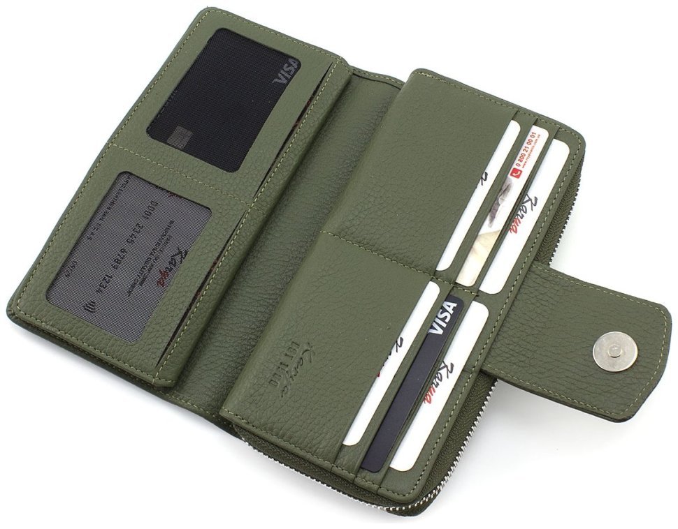 Жіночий гаманець із натуральної шкіри кольору хакі на два відділи KARYA 69798