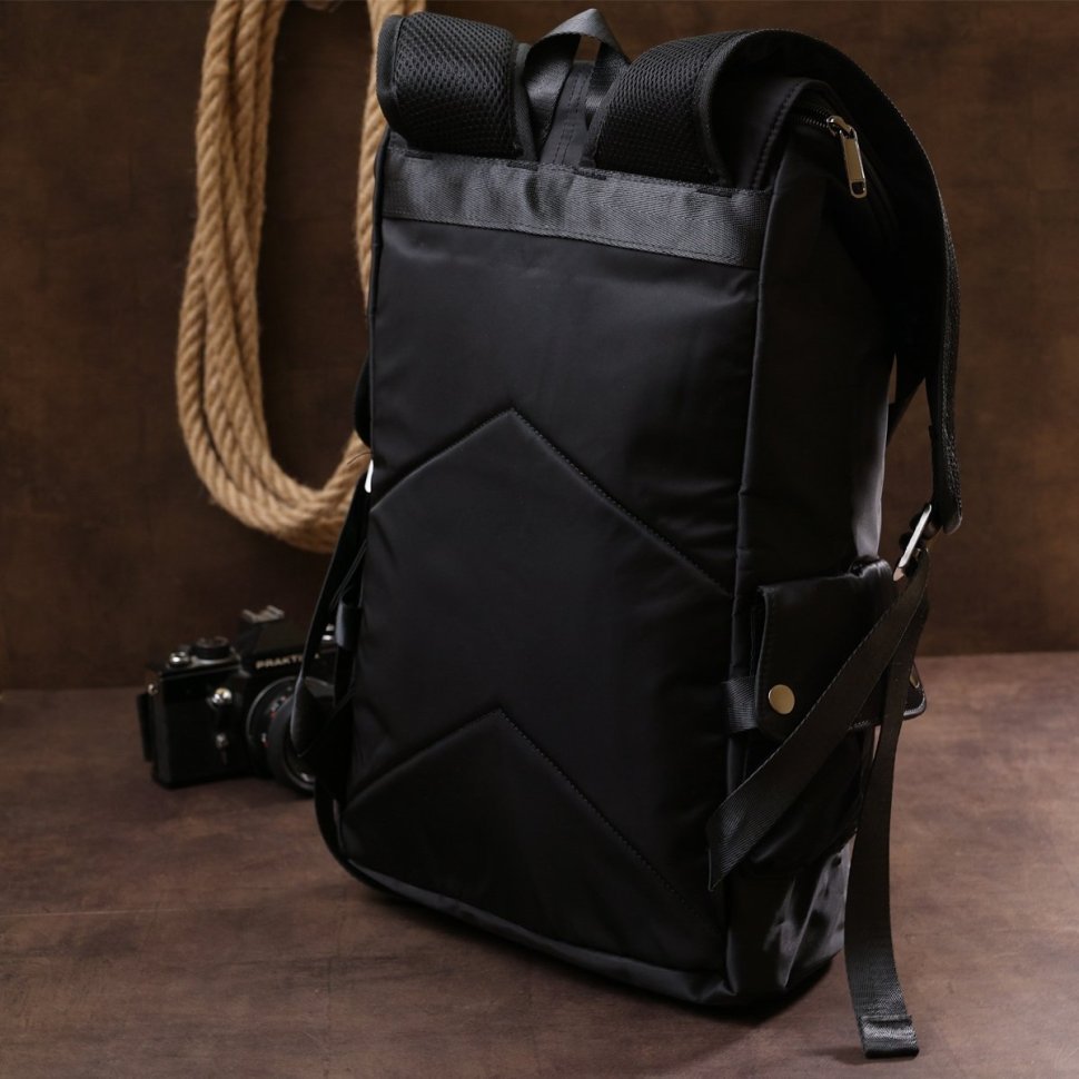 Чорний чоловічий туристичний рюкзак із текстилю з клапаном на кнопках Vintage (20492)