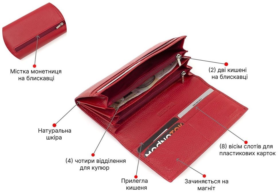 Яскравий просторий жіночий гаманець червоного кольору з натуральної шкіри Marco Coverna (17132) modnotak фото №4