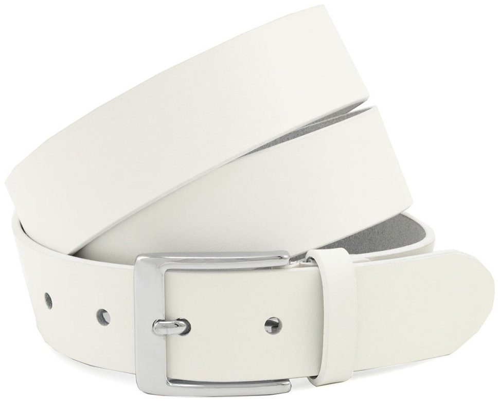 Белый брючный ремень из натуральной качественной кожи с серебристой пряжкой Gherardini (35523) фото №1 Белый брючный ремень из натуральной качественной кожи с серебристой пряжкой Gherardini (35523) modnotak фото №1