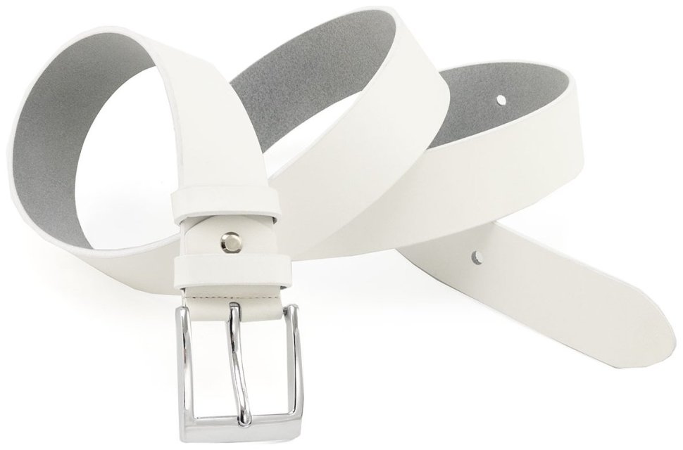 Белый брючный ремень из натуральной качественной кожи с серебристой пряжкой Gherardini (35523) фото №4 Белый брючный ремень из натуральной качественной кожи с серебристой пряжкой Gherardini (35523) modnotak фото №4