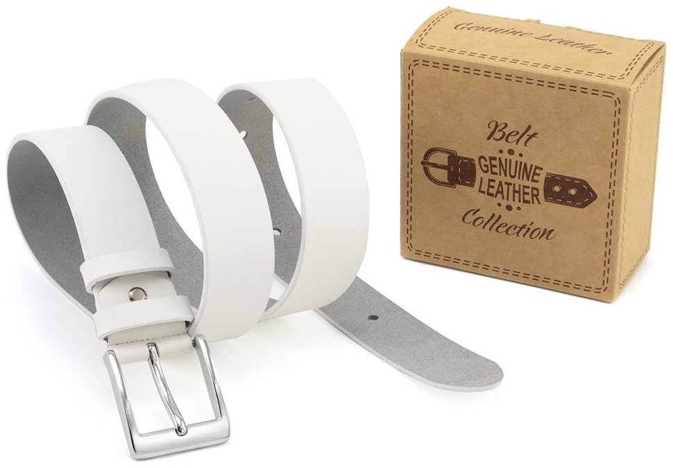 Белый брючный ремень из натуральной качественной кожи с серебристой пряжкой Gherardini (35523) фото №5 Белый брючный ремень из натуральной качественной кожи с серебристой пряжкой Gherardini (35523) modnotak фото №5