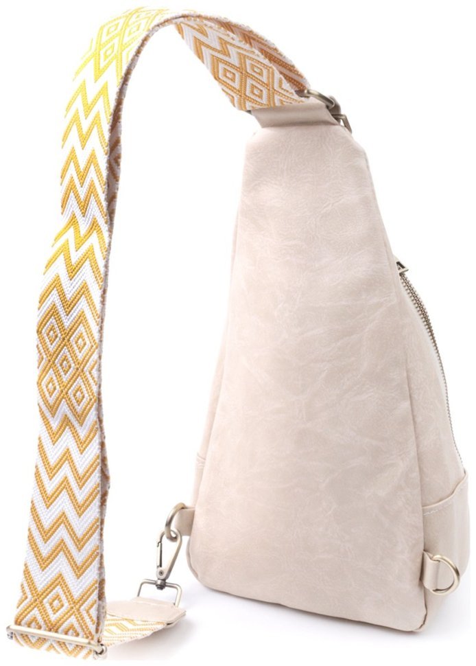 Городская женская сумка-слинг из качественного кожзама с текстильной лямкой Vintage белого цвета 97599 modnotak фото №2