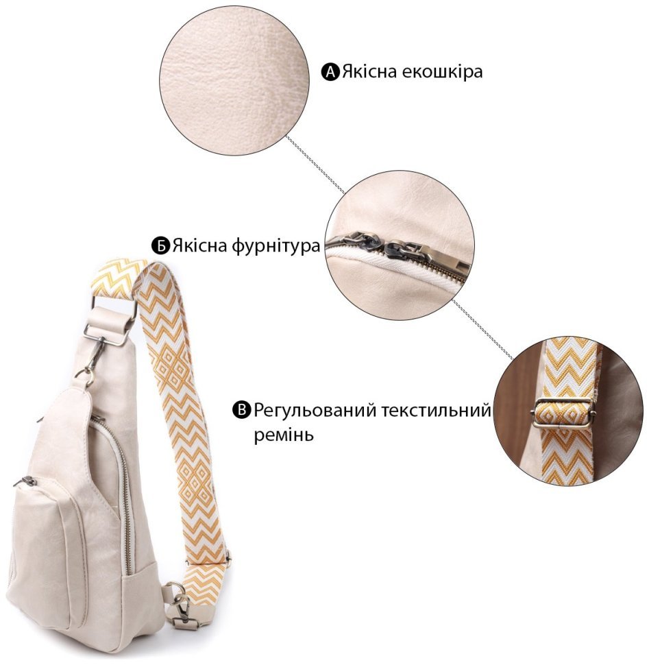 Городская женская сумка-слинг из качественного кожзама с текстильной лямкой Vintage белого цвета 97599 modnotak фото №4