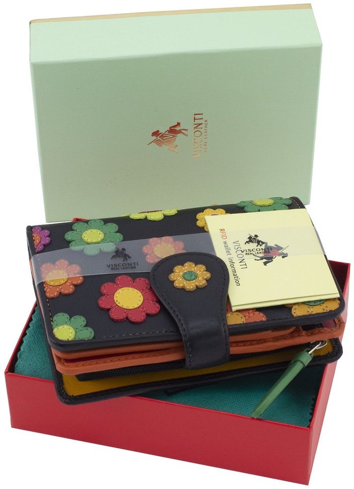 Вертикальный женский кошелек из натуральной кожи высокого качества с разноцветными цветами Visconti 68899