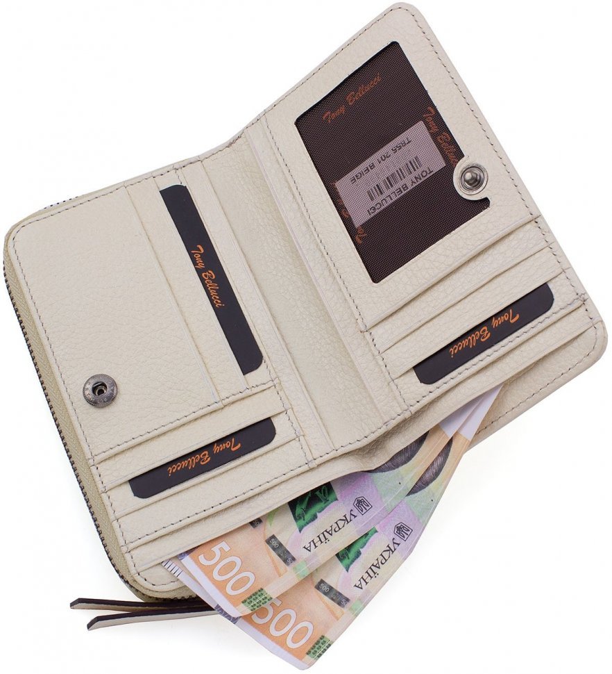 Шкіряний жіночий гаманець в бежевому кольорі з автономної монетницьою Tony Bellucci (12480)