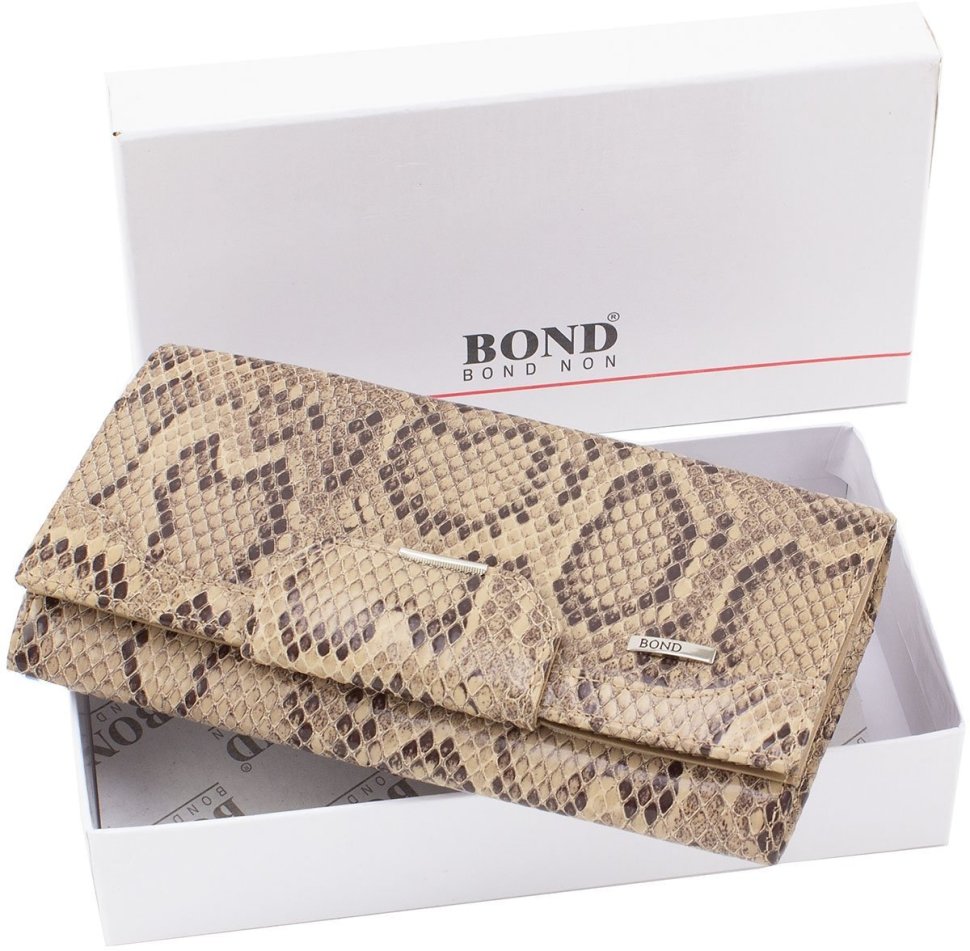Жіночий місткий гаманець з натуральної шкіри бежевого кольору з візерунком Bond Non (10909)